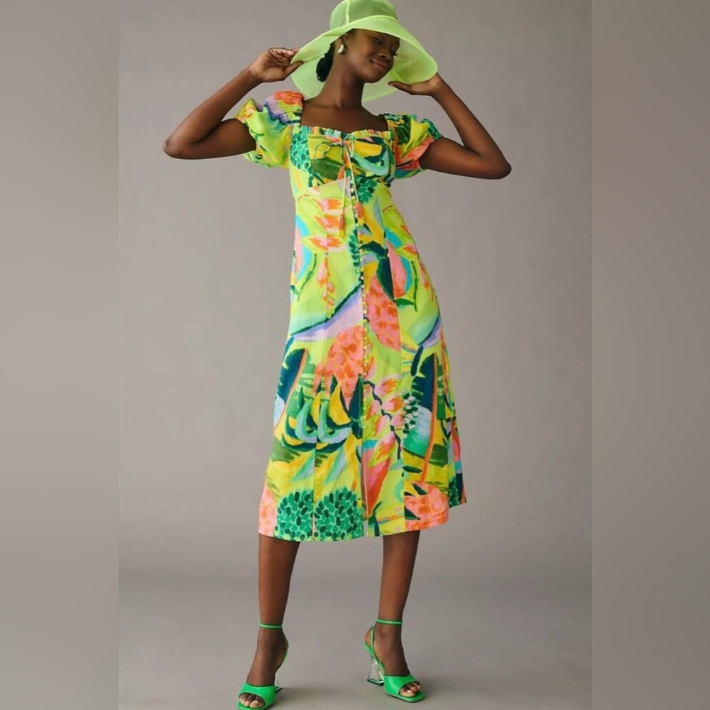Anthropologie Farm Rio Midi Dress Puff Sleeves Green, Yellow, and Pink NWT - Picture 1 of 12